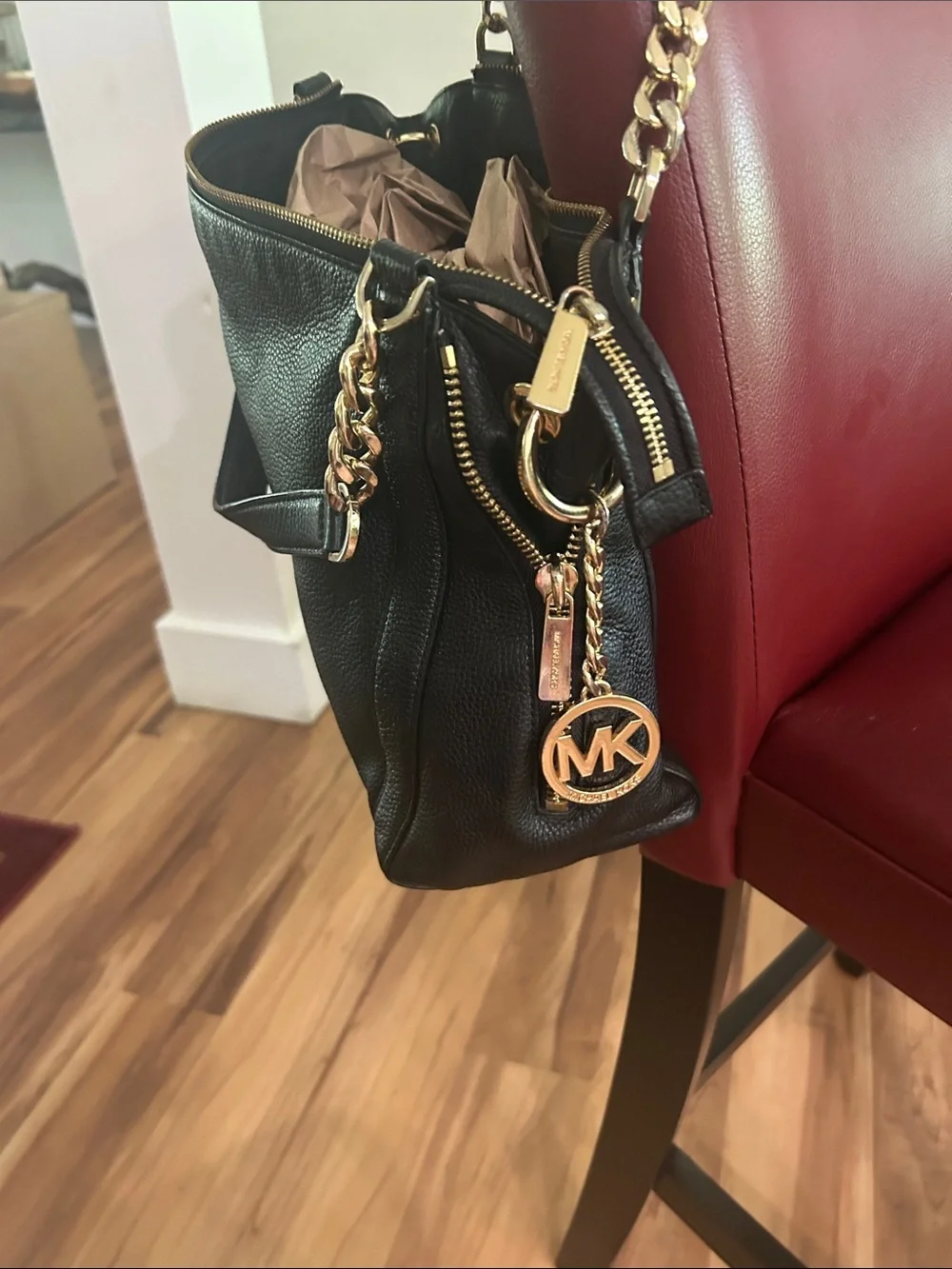 Michael Kors Black Leather Shoulder Bag with Gold Chain Accents